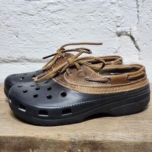 Crocs M6 W8 Islander Pitchcrew Leather Boat Shoe Clog Slip On Black‎ Brown